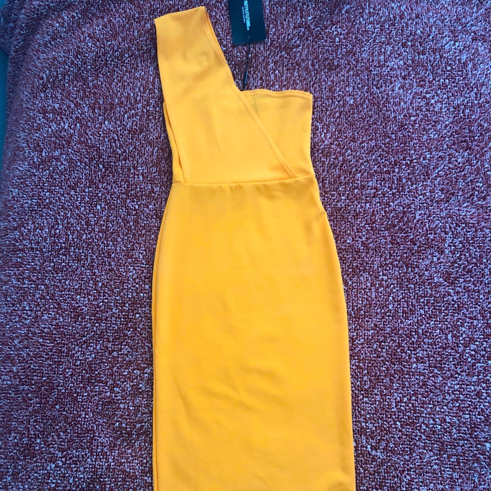 One shoulder bright yellow midi dress, brand new